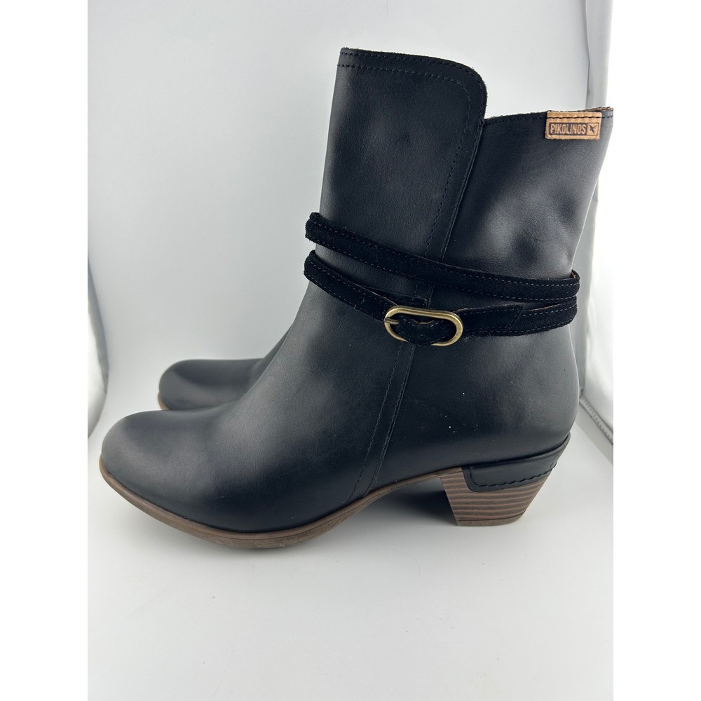 Pikolinos Rotterdam Black Leather Ankle Boots Side Zipper Buckle‎ Strap Size: 40